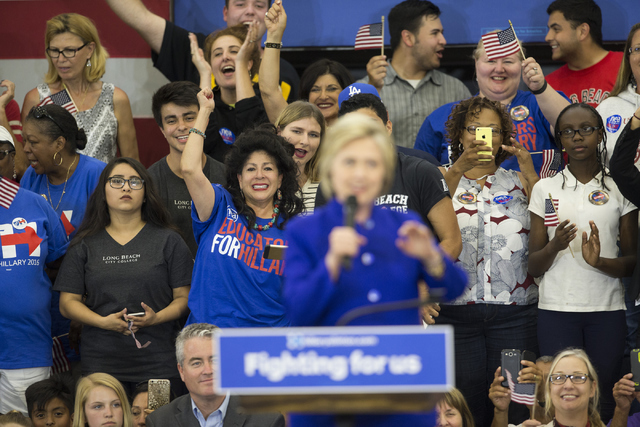 Supporters cheer during a campaign rally speech by Democratic presidential candidate Hillary Clinton at the Long Beach City College, Hall of Champions Gym on Monday, June 6, 2016, in Long Beach, C ...