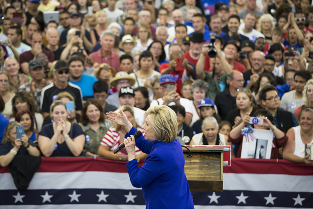 Democratic presidential candidate Hillary Clinton speaks during a campaign rally at the Long Beach City College, Hall of Champions Gym on Monday, June 6, 2016, in Long Beach, Calif. Erik Verduzco/ ...