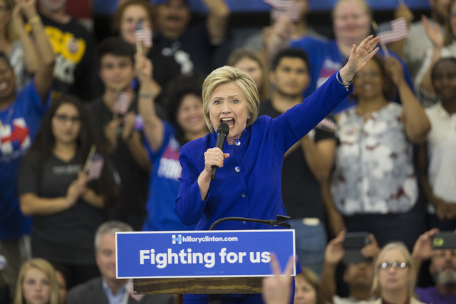 Democratic presidential candidate Hillary Clinton speaks during a campaign rally at the Long Beach City College, Hall of Champions Gym on Monday, June 6, 2016, in Long Beach, Calif. Erik Verduzco/ ...