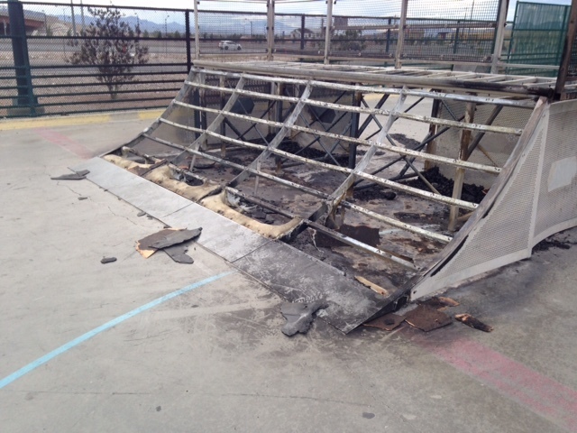 The front of the start ramp at Mountain Ridge Skate Park, 7151 Oso Blanca Road, is seen as a result of recent acts of vandalism. On April 25, Las Vegas city staff discovered that the start ramp an ...
