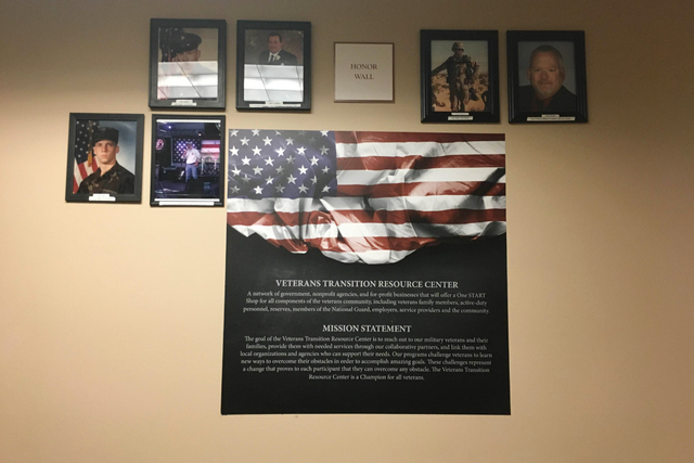 An honor wall is on display June 14, 2016, at the Veterans Transition Resource Center, 2550 Nature Park Drive, Suite 200, in North Las Vegas. The center is made up of a network of government, nonp ...
