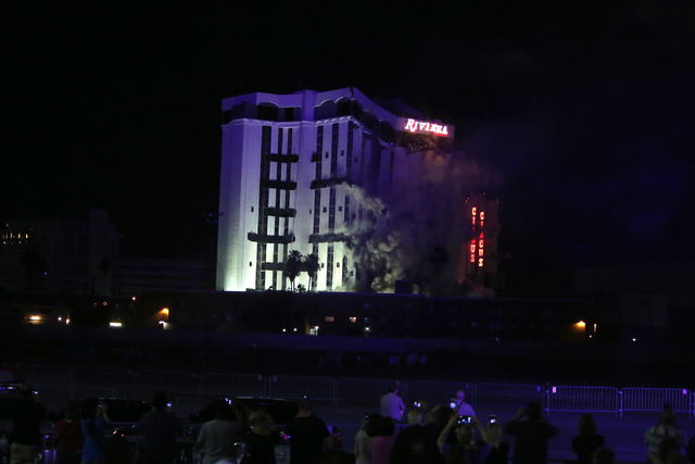 The 24-story Monaco tower at the Riviera hotel-casino is imploded on the Las Vegas Strip on Tuesday, June 14, 2016, to pave the way for expansion of the Las Vegas Convention Center. Loren Townsley ...