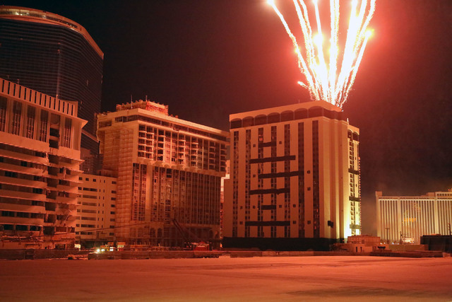 Fireworks blast from the top of the Monaco tower at the shuttered Riviera shortly before it was imploded on Tuesday, June 14, 2016.  Jeff Scheid/Las Vegas Review-Journal Follow @jlscheid