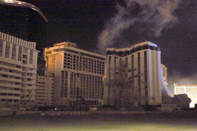 2 of 4-The Monaco tower at the shuttered Riviera comes crashing down in a controlled implosion on Tuesday, June 14, 2016.  Jeff Scheid/Las Vegas Review-Journal Follow @jlscheid