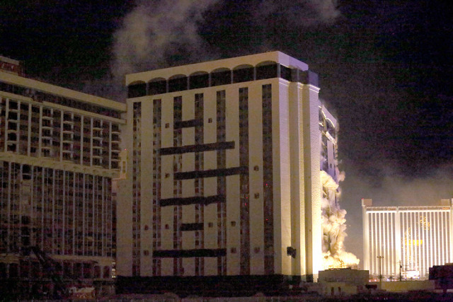 1 of 3-The Monaco tower at the shuttered Riviera comes crashing down in a controlled implosion on Tuesday, June 14, 2016.  Jeff Scheid/Las Vegas Review-Journal Follow @jlscheid