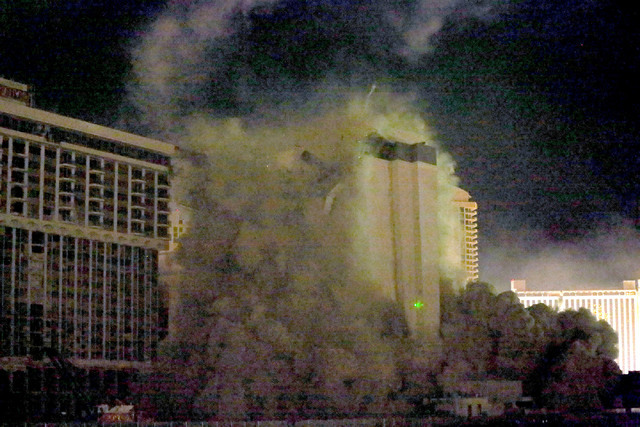 2 of 3-The Monaco tower at the shuttered Riviera comes crashing down in a controlled implosion on Tuesday, June 14, 2016.  Jeff Scheid/Las Vegas Review-Journal Follow @jlscheid