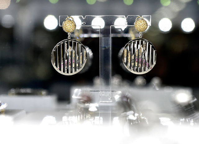 A set of earring from Vicky Lew's "Flight" collection is seen at her booth at the JCK Las Vegas jewelry industry show at the Mandalay Bay Convention Center Friday, June 3, 2016, ...