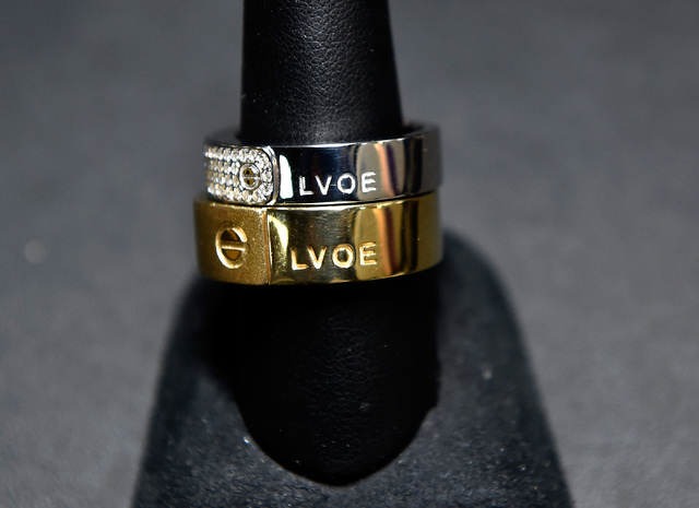 A set of wedding rings from the &quot;Lvoe&quot; collection are seen at the Rony Tennenbaum booth at the JCK Las Vegas jewelry industry show at the Mandalay Bay Convention Center Friday, J ...