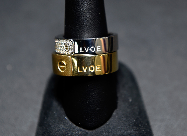 A set of wedding rings from the "Lvoe" collection are seen at the Rony Tennenbaum booth at the JCK Las Vegas jewelry industry show at the Mandalay Bay Convention Center Friday, J ...