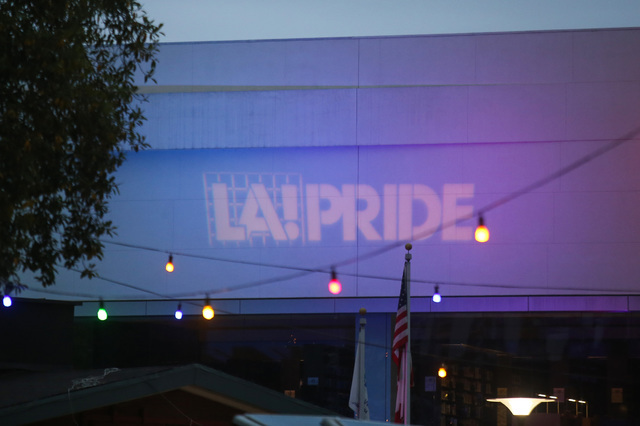 An LA! PRIDE logo is projected onto a building at the Los Angeles Pride Festival on Saturday, June 11, 2016. Brett Le Blanc/Las Vegas Review-Journal Follow @bleblancphoto