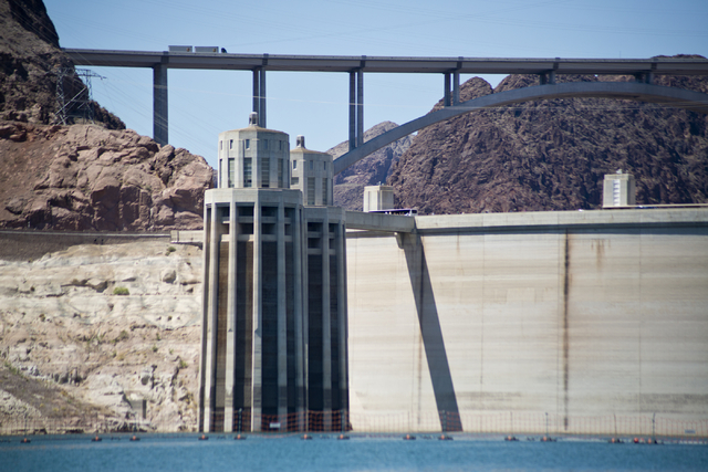 Hoover Dam and the Mike O'Callaghan-Pat Tillman Memorial Bridge are seen from Lake Mead on May 27. (Daniel Clark/Las Vegas Review-Journal) Follow @DanJClarkPhoto