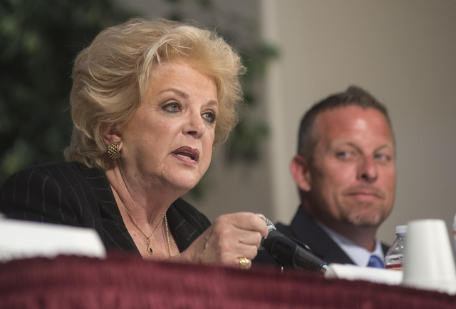 Mayor Carolyn Goodman participates in the fourth and final mayoral debate on Monday, March 30, 2015, in Las Vegas at Desert Vista Community Center in Sun City Summerlin. Primary voters go to the p ...