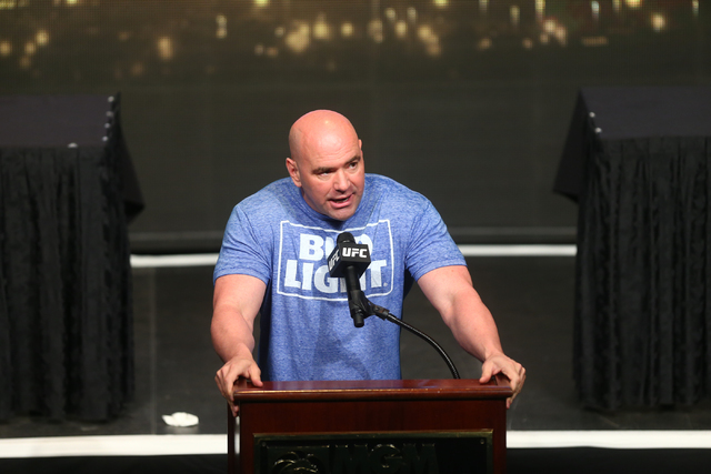 UFC President Dana White speaks during a press conference ahead of UFC 200 at the MGM Grand hotel-casino in Las Vegas on Friday, April 22, 2016. (Chase Stevens/Las Vegas Review-Journal) Follow @cs ...