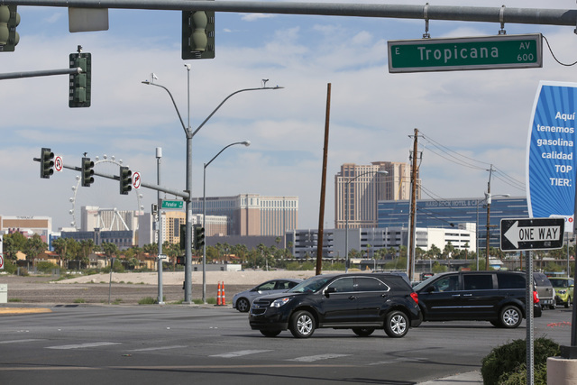 A person was taken to Sunrise Hospital and Medical Center after being struck by a car while crossing at the intersection of Tropicana Avenue and Paradise Road, Thursday, June 9, 2016, in Las Vegas ...
