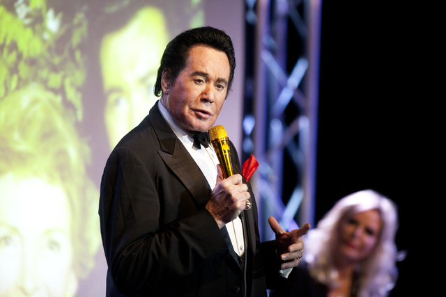 Wayne Newton, from left, answers questions from the audience as his wife, Kathleen McCrone, listens during his show &quot;Up Close And Personal&quot; on Thursday, June 16, 2016 at the Ball ...
