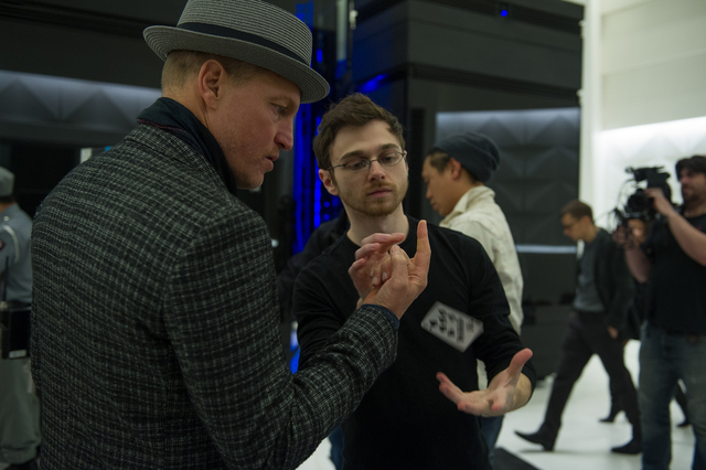 Woody Harrelson (left) and Cardistry Consultant Andrei Jikh (right) on the set of NOW YOU SEE ME 2. Photo Credit: Jay Maidment