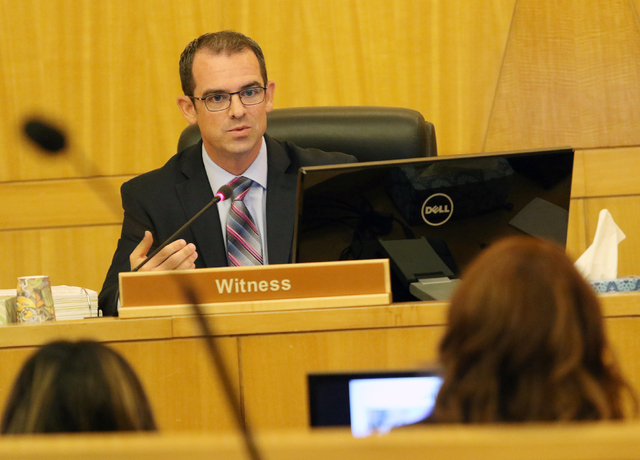 Attorney Mark Bailus speaks during a police fact finding review at Clark County Government Center Wednesday, June 15, 2016, in Las Vegas. The review covered details of the officer-involved shootin ...