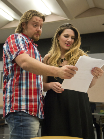Soprano Suzanne Vinnik goes over the rehearsal schedule with tenor Viktor Antipenko during rehearsal for Opera Las Vegas' "Carmen," to be presented this weekend at UNLV's Judy Bayley Theatre. Dani ...