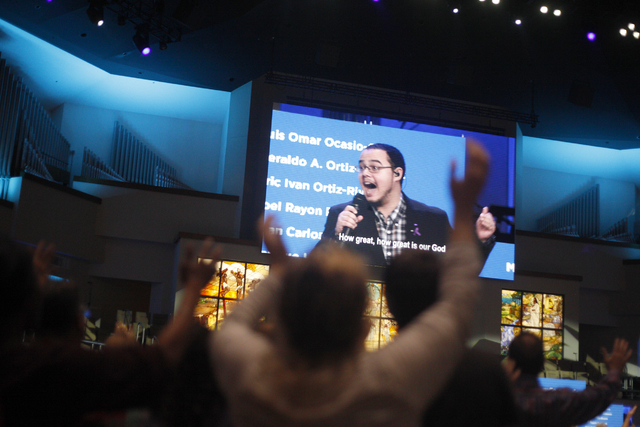 The praise team leads a service to honor victims of the Orlando nightclub shooting at the First Baptist Orlando Church in Orlando, Florida on Tuesday, June 14, 2016. (Rachel Aston/Las Vegas Review ...