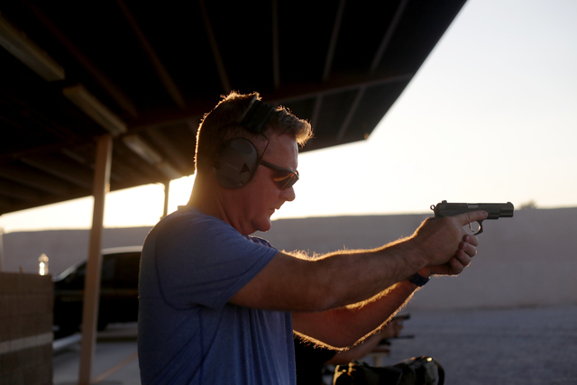 Lynn Norman prepares to shoot on Friday, June 24, 2016 at the Clark County Shooting Complex in Las Vegas. Norman is a member of the Pink Pistols.  Rachel Aston/Las Vegas Review-Journal Follow @roo ...