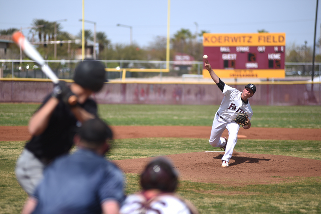 Faith Lutheran's Zach Trageton, who was selected in the sixth round of the Major League Baseball first-year player draft by the Tampa Bay Rays on Friday, pitches against Canyon View (Utah) in a ba ...