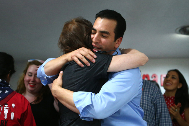 Democratic Congressional District 4 candidate Ruben Kihuen hugs Democratic Congressional District 3 candidate Jacky Rosen during his election night watch party at Culinary Workers Union Local 226  ...