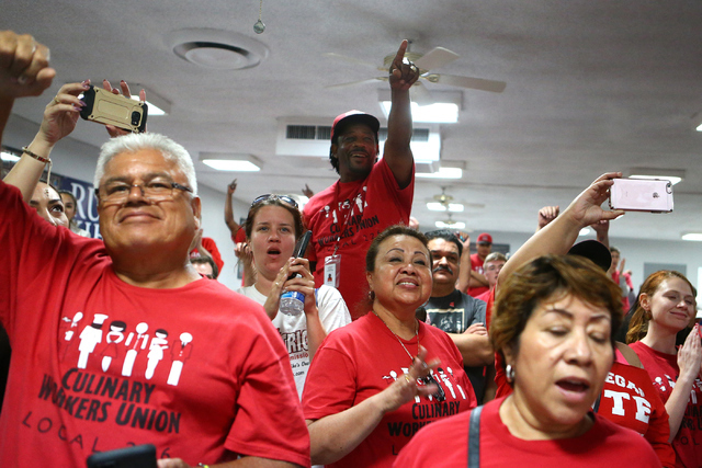 Audience members cheer during Democratic Congressional District 4 candidate Ruben Kihuen's election night watch party at Culinary Workers Union Local 226 in Las Vegas on Tuesday, June 14, 2016. (L ...