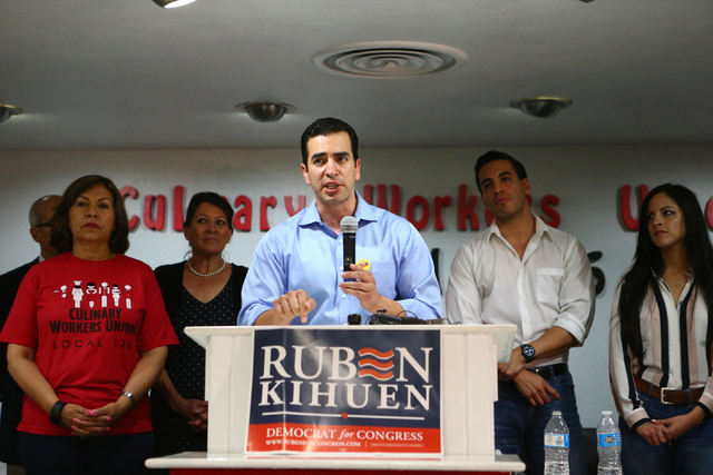 Democratic Congressional District 4 candidate Ruben Kihuen speaks during his election night watch party at Culinary Workers Union Local 226 in Las Vegas on Tuesday, June 14, 2016. Loren Townsley/L ...