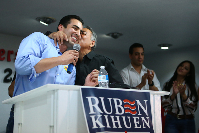 Democratic Congressional District 4 candidate Ruben Kihuen thanks his father, Armando Kihuen during his election night watch party at Culinary Workers Union Local 226 in Las Vegas on Tuesday, June ...