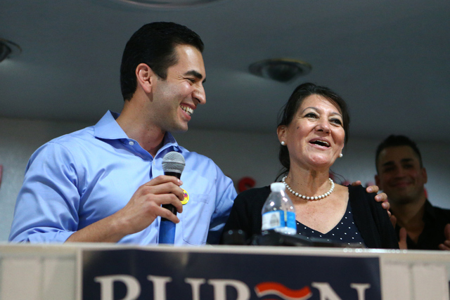 Democratic Congressional District 4 candidate Ruben Kihuen thanks his mother, Blanca Kihuen during his election night watch party at Culinary Workers Union Local 226 in Las Vegas on Tuesday, June  ...
