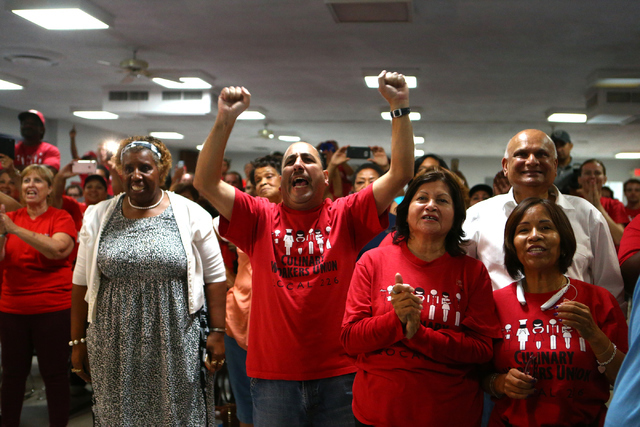 Audience members cheer during emocratic Congressional District 4 candidate Ruben Kihuen's election night watch party at Culinary Workers Union Local 226 in Las Vegas on Tuesday, June 14, 2016. (Lo ...