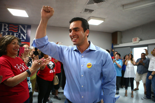 Democratic Congressional District 4 candidate Ruben Kihuen celebrates during his election night watch party at Culinary Workers Union Local 226 in Las Vegas on Tuesday, June 14, 2016. (Loren Towns ...