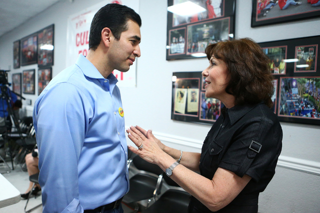 Democratic Congressional District 4 candidate Ruben Kihuen talks, left, with Democratic Congressional District 3 candidate Jacky Rosen during his election night watch party at Culinary Workers Uni ...