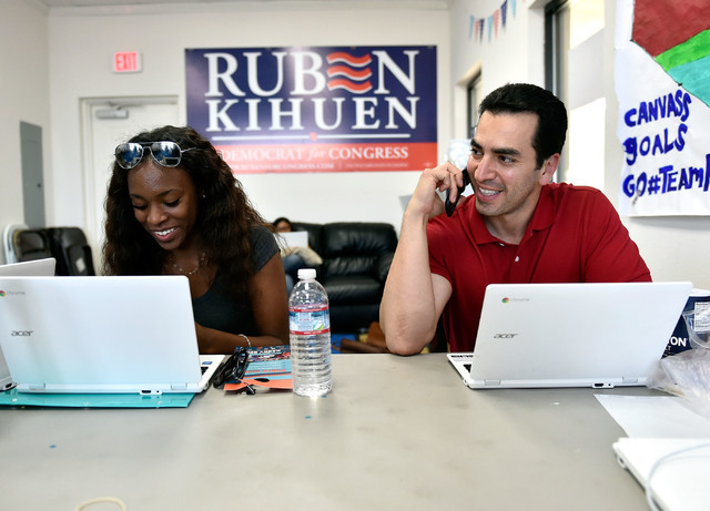 Democratic congressional candidate Ruben Kihuen, right, makes phone calls with volunteer Avyon Pearson at a campaign office Tuesday, June 14, 2016, in Las Vegas. David Becker/Las Vegas Review-Jour ...