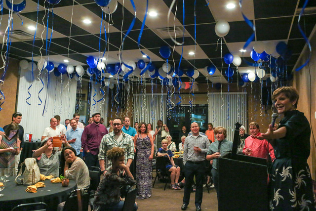 Democratic Congressional District 4 candidate Susie Lee thanks her high school interns after losing in the primary elections during her election watch party at Saffron Flavors of India in Las Vega ...