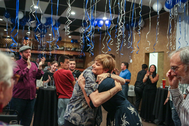 Democratic Congressional District 4 candidate Susie Lee is greeted during her election watch party at Saffron Flavors of India in Las Vegas Tuesday evening, June 14, 2016. Elizabeth Brumley/Las Ve ...