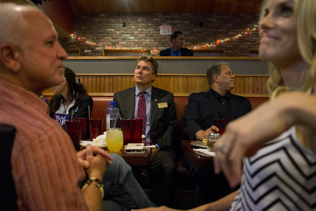 Nevada Assemblyman Brent Jones, R-Las Vegas, watches result updates during a watch party at Old School Brewing Company in Las Vegas on June 14, 2016. (Bridget Bennett/Las Vegas Review-Journal) Fol ...