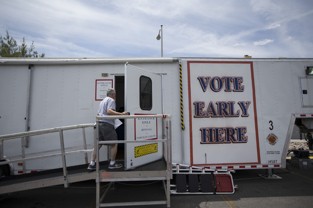 A man visits an early voting station near the intersection of Desert Inn Road and Decatur Boulevard on Saturday, May 28, 2016, in Las Vegas. (Erik Verduzco/Las Vegas Review-Journal) Follow @Erik_V ...