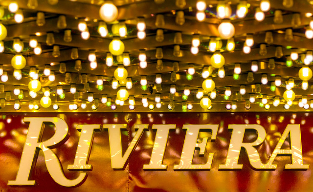 Exterior lights as seen Monday, April 20, 2015 at the Riviera hotel-casino, 2901 Las Vegas Blvd. South. The resort will close Monday, May 4, to make room for Las Vegas Convention Center expansion. ...