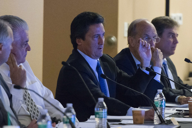 MGM President Bill Hornbuckle, center, speaks during a Southern Nevada Tourism Infrastructure Committee meeting at the Stan Fulton Building at UNLV in Las Vegas Thursday, June 23, 2016.(Jason Ogul ...