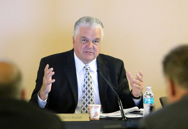 Steve Sisolak, chairman of the Clark County Commission, speaks during a meeting of the Southern Nevada Tourism Infrastructure Committee at UNLV's Stan Fulton Building Thursday, May 26, 2016, in La ...