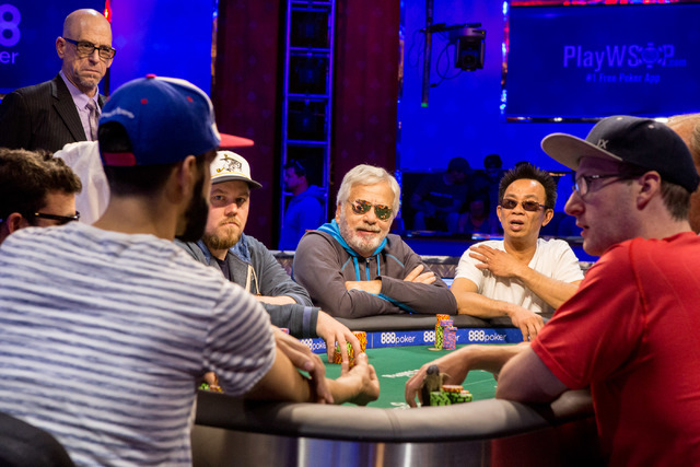 The final nine sit at the final table in the World Series of Poker "Monster Stack" event at the Rio Convention Center in Las Vegas on Tuesday, June 28, 2016. (Elizabeth Brumley/Las Vegas Review-Jo ...