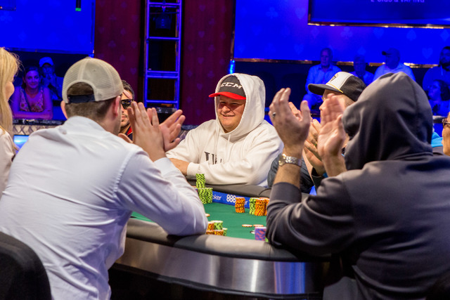 David Valcourt, center, plays in the final nine in the World Series of Poker "Monster Stack" event at the Rio Convention Center in Las Vegas on Tuesday, June 28, 2016. (Elizabeth Brumley/Las Vegas ...