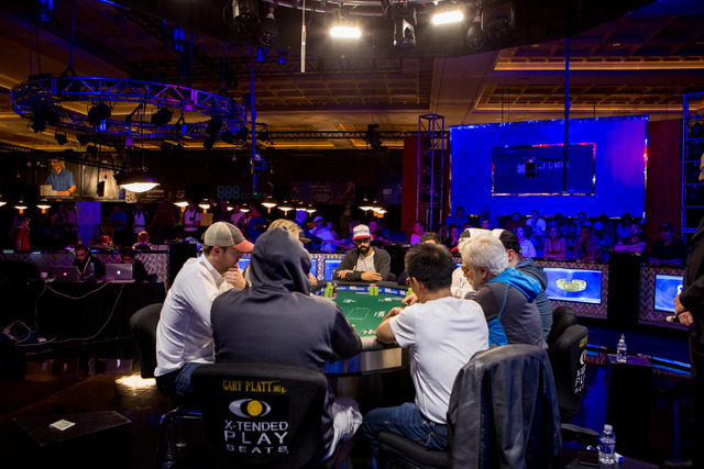 The final nine sit at the final table in the World Series of Poker "Monster Stack" event at the Rio Convention Center in Las Vegas on Tuesday, June 28, 2016. (Elizabeth Brumley/Las Vegas Review-Jo ...