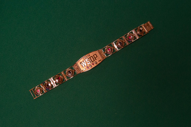 The bracelet for the winner of the final table is shown at the World Series of Poker "Monster Stack" event at the Rio Convention Center in Las Vegas on Tuesday, June 28, 2016. Elizabeth Brumley/La ...