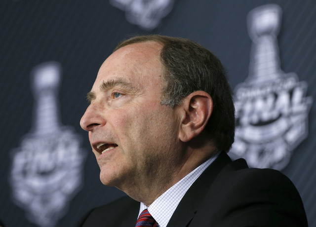 NHL Commissioner Gary Bettman speaks to the media before Game 1 of the Stanley Cup final series between the San Jose Sharks and the Pittsburgh Penguins Monday, May 30, 2016, in Pittsburgh. (Gene J ...