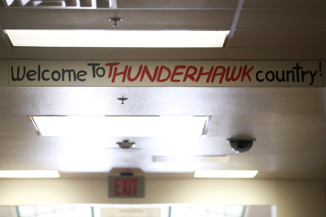 A painted sign showing school spirit hangs above a hallway at Monaco Middle School in Las Vegas on Thursday, May 26, 2016. (Brett Le Blanc/Las Vegas Review-Journal) Follow @bleblancphoto