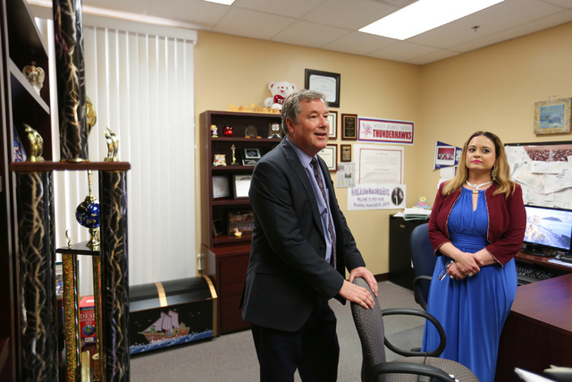 Assistant Principal Stephen Wood, left, and Principal Lisa Medina, right, talk about Monaco Middle School in Medina's office at the school in Las Vegas on Thursday, May 26, 2016. (Brett Le Blanc/L ...