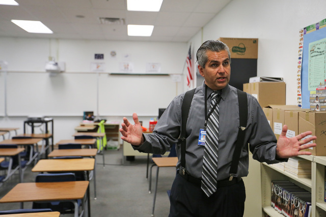 Eighth grade social studies teacher Hector Arenas while talks about what has made Monaco Middle School in his classroom successful in Las Vegas on Thursday, May 26, 2016. (Brett Le Blanc/Las Vegas ...