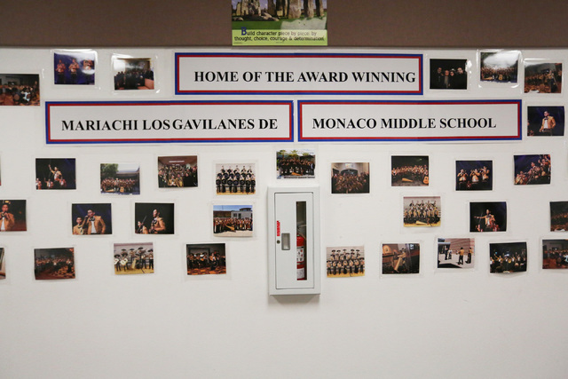 Photographs of Monaco Middle School's mariachi band hang in a wall at the school in Las Vegas on Thursday, May 26, 2016. (Brett Le Blanc/Las Vegas Review-Journal) Follow @bleblancphoto